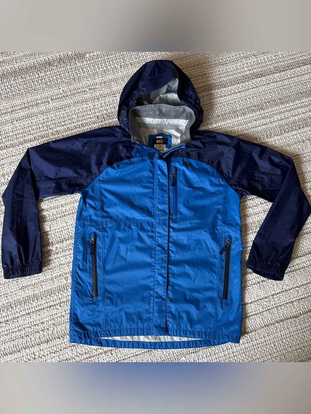 REI Co-Op Rain Jacket Kids Sz L (14-16) Blue Youth Windbreaker Outdoor Hiking